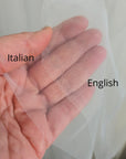 Italian and English tulle compared on hand, showing the finer Italian weave and larger hexagonal English weave
