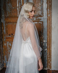 NEVE crystal veil side view showing convertible blusher and chapel length drape