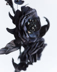 Extreme close-up of FIONA gothic flower crown showing the rich texture of hand-sculpted black silk velvet roses and intricate black crystal stamen centers.