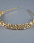 Handcrafted gold leaf headpiece with clear crystals - close-up