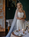 Iris blue ombre wedding veil, custom dip-dyed dusty blue gradient on soft white English tulle, 300cm wide chapel length veil.