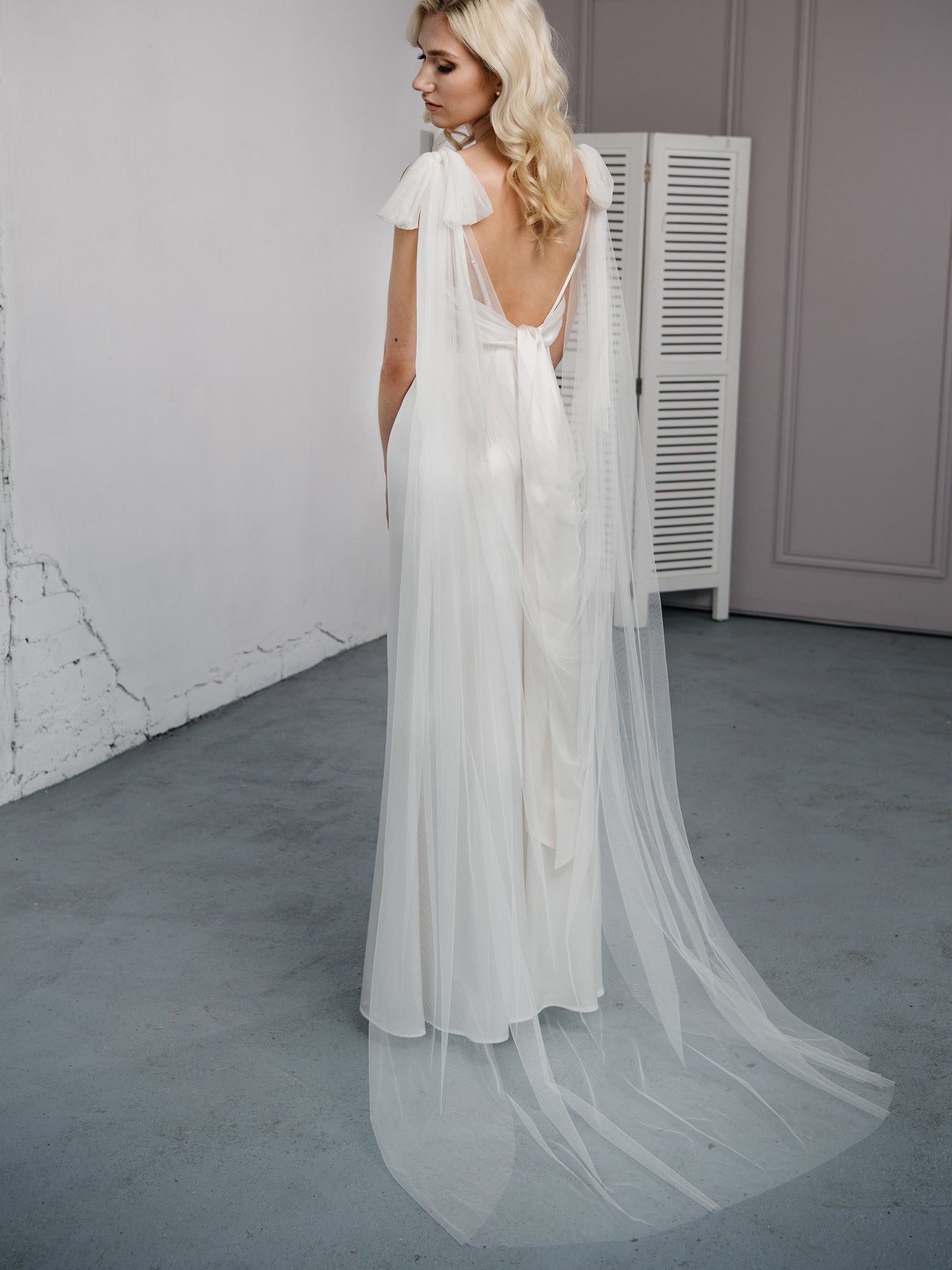 Lightweight English net cape veil, ivory color, back view