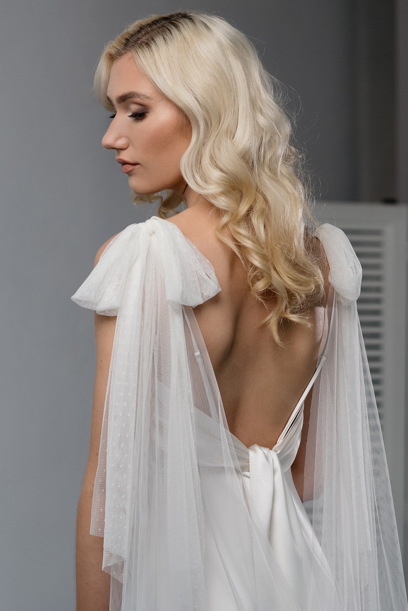 Swiss dot tulle bows with flowing tails on PARIS bridal cape
