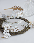 Matching frosted leaf bridal set – headband, comb and pins shown together