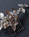 TILLE silver leaf bridal hair comb with pearls and crystals — delicate botanical design on dark background