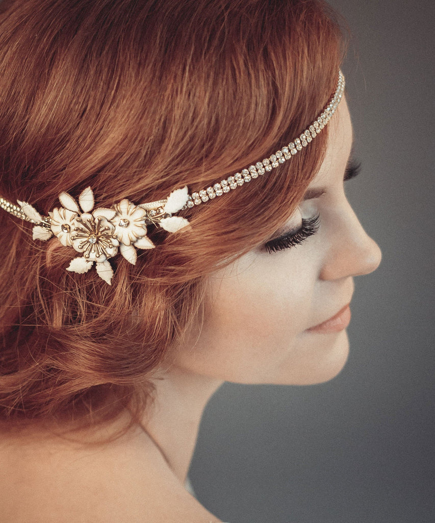 1920s wedding headpiece, Gold hair chain