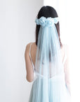 Simple bridal veil, narrow wedding veil paired with flower half crown