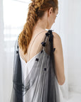 SABINE cape veil detail – velvet flowers hand-dyed, with crystal centers