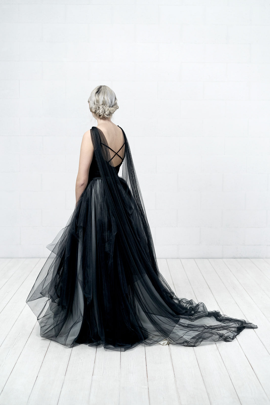 Black bridal cape veil alternative — lightweight English net tulle