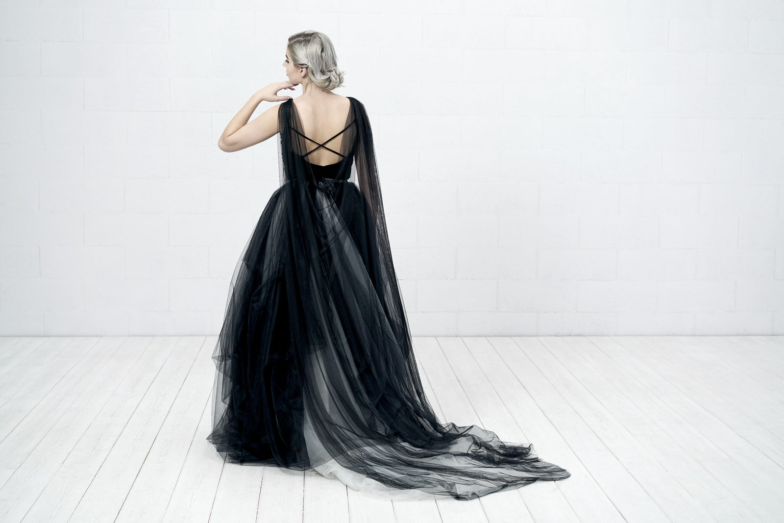 Flowing English tulle cape in custom hand-dyed colors for bold brides