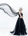 Modern bridal look with soft tulle cape — custom color wedding accessory