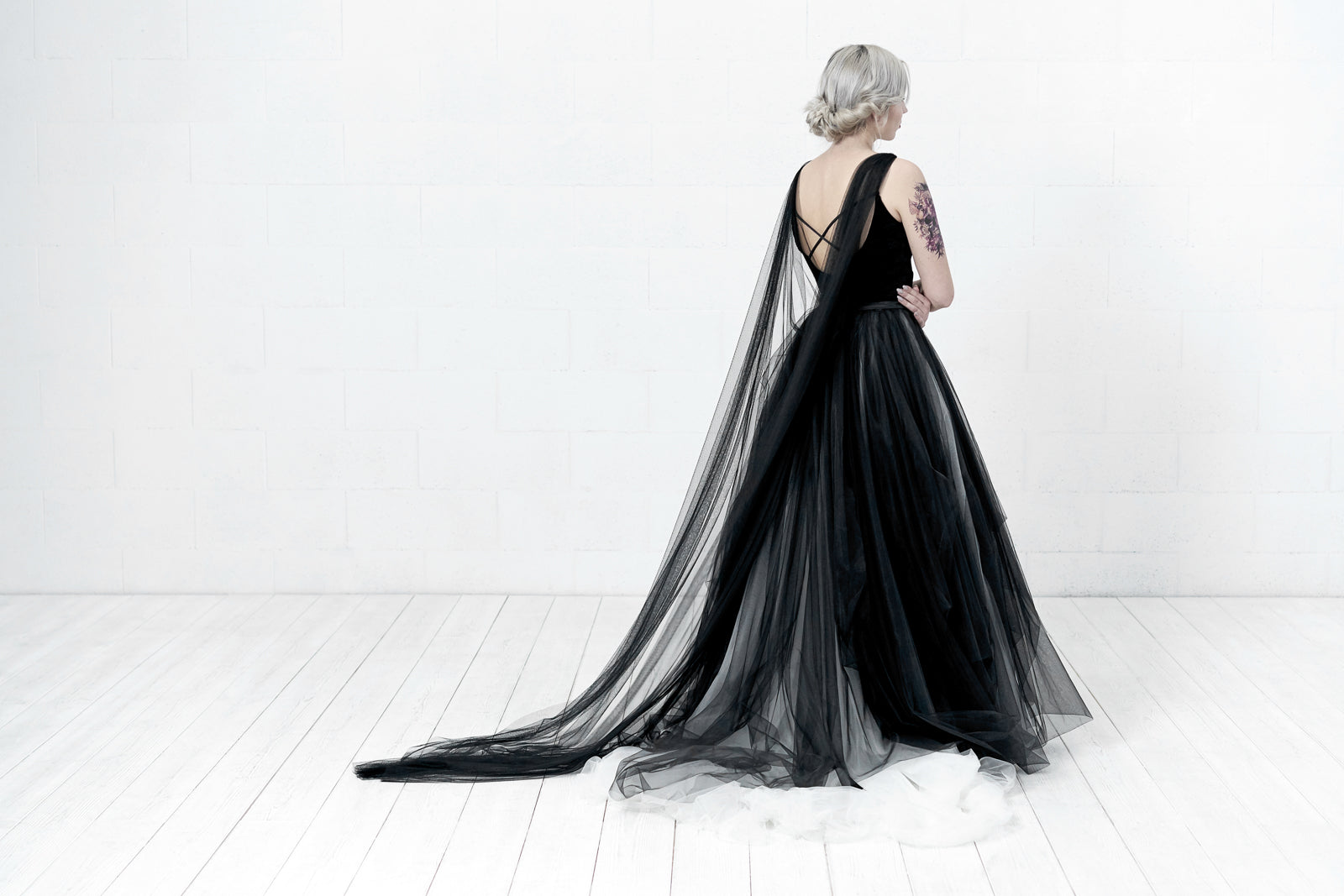 Bride wearing custom color bridal cape in soft English tulle — FLOOR