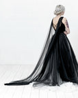 Bride wearing custom color bridal cape in soft English tulle — FLOOR