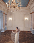 Bride wearing ASTRIDE minimalist English tulle veil in iv
