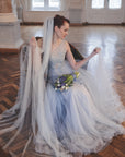 blue color wedding veil from soft English tulle