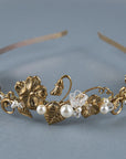Brass floral headband with pearl and crystal accents, Edwardian inspired design