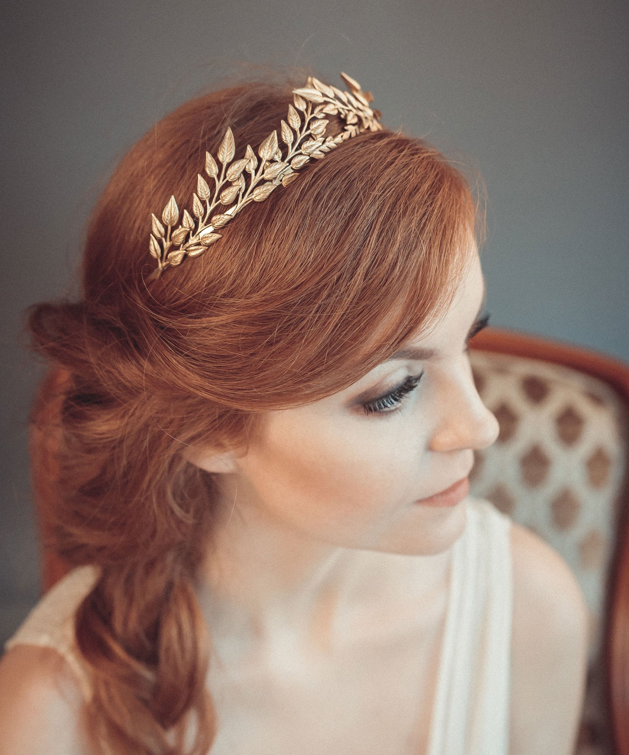 Bride wearing DAPHNE lightweight gold leaf headband inspired by ancient Greece, ideal for boho weddings