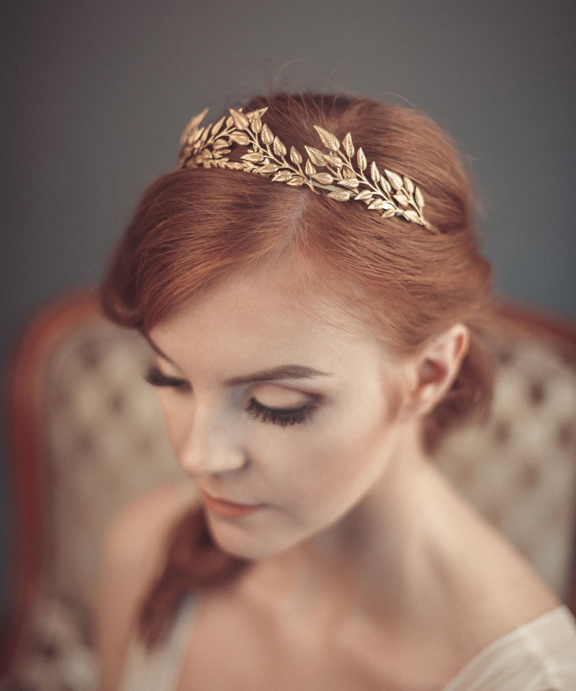 Bride wearing DAPHNE lightweight gold leaf headband inspired by ancient Greece, ideal for boho weddings