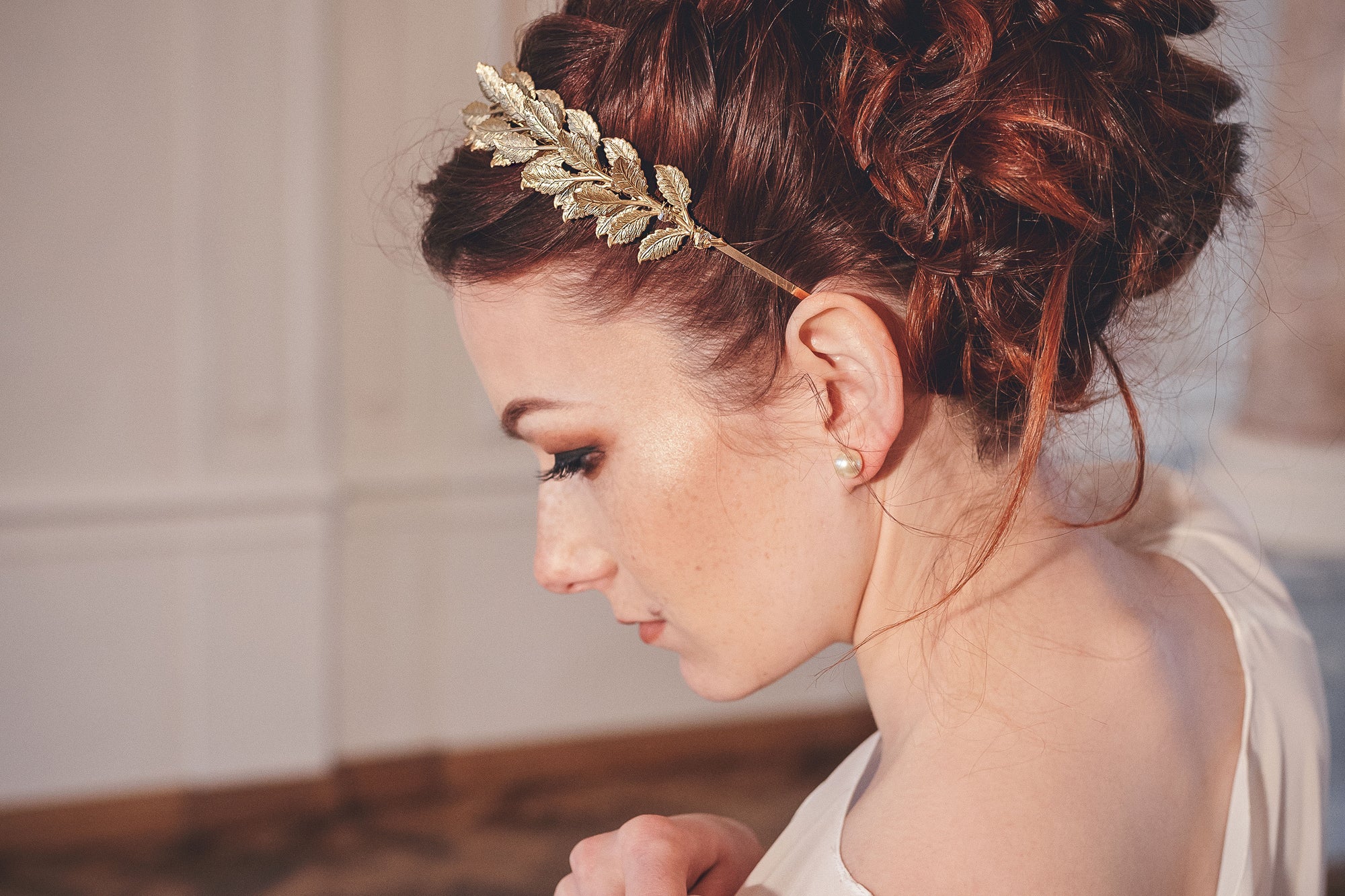 Side view of gold laurel wreath wedding crown – CLOTILDE bridal tiara