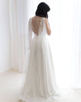 Bridal cape veil with lace trim on model, wedding cape alternative in soft white tulle