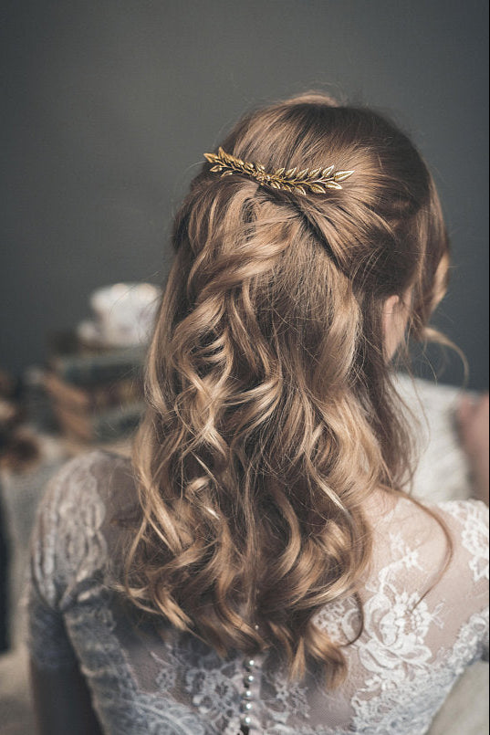 Alexandra Petite gold leaf hair comb styled in bridal hairstyle
