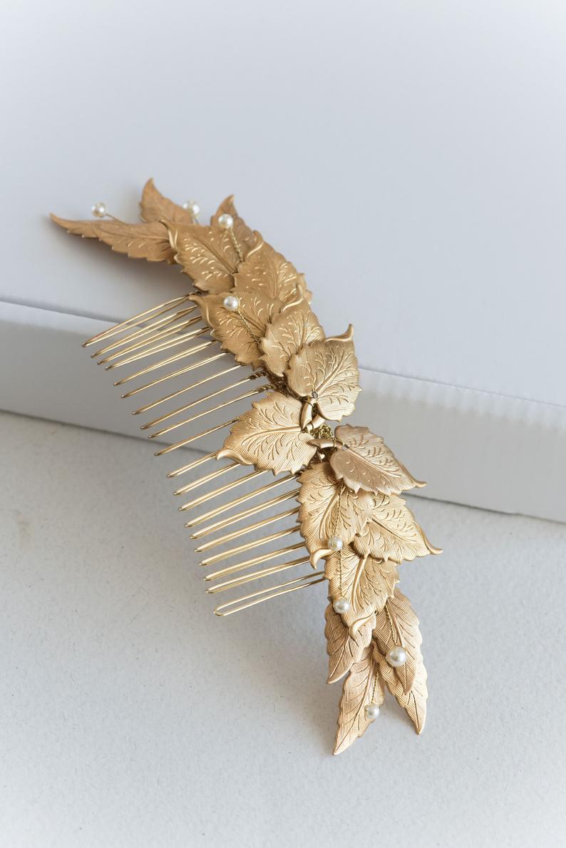 gold leaf comb with pearls
