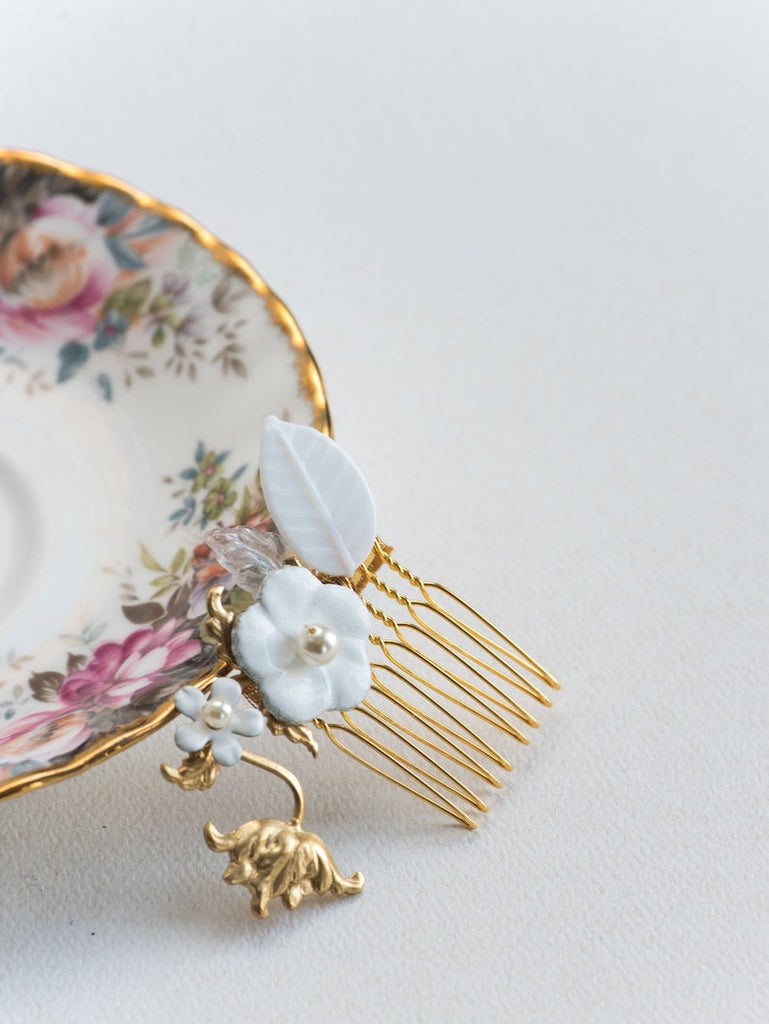 floral hair comb with enameled flowers