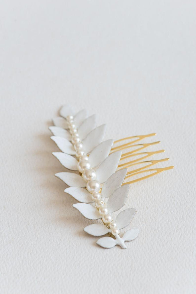 enameled leaf hair comb with pearls