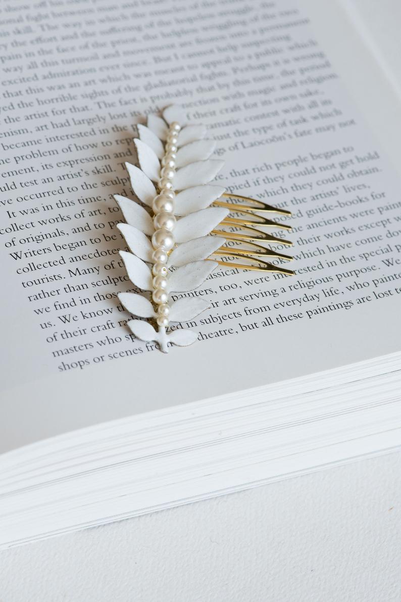 enameled leaf hair comb with pearls
