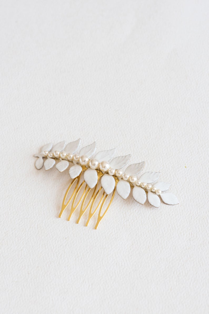 enameled leaf hair comb with pearls