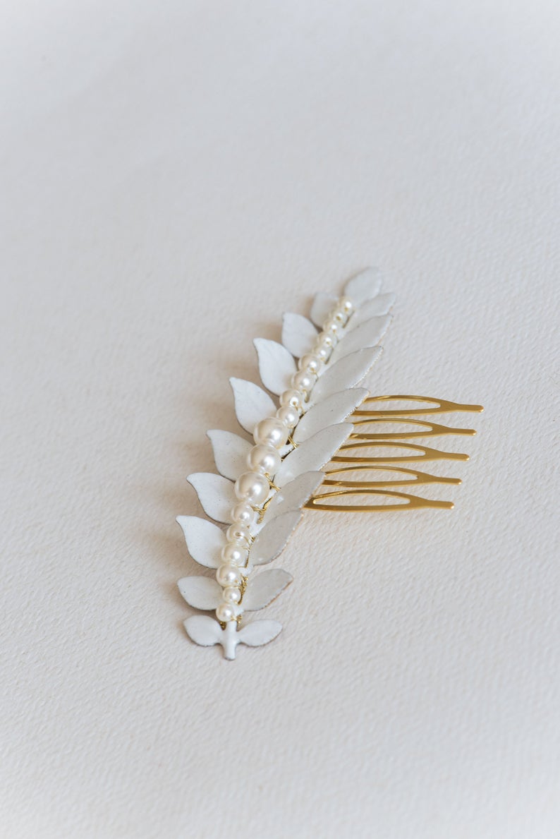 enameled leaf hair comb with pearls