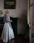 Bride wearing TATIANA hair bow – Swiss dot tulle in dusty blue