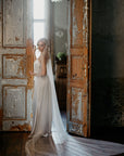 Pearl and crystal Juliet cap veil Marlena styled with minimalist bridal dress