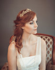 Daphne sculptural gold laurel headband in raw matte brass, minimalist wedding crown on bride with red hair.