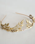 Side view of gold laurel bridal headband, minimalist leaf crown for elopement wedding