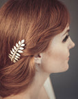 Gold laurel hair comb with pearls, leaf branch facing right for bridal hairstyle