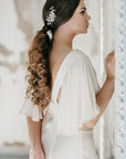 Model wearing TILLE silver leaf bridal hair comb with pearls and crystals