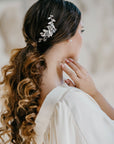 Model wearing TILLE silver leaf bridal hair comb with pearls and crystals