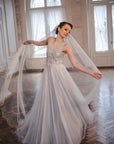 blue color wedding veil from soft English tulle