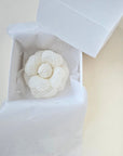 Ivory camellia brooch packaged in gift box ready for gift