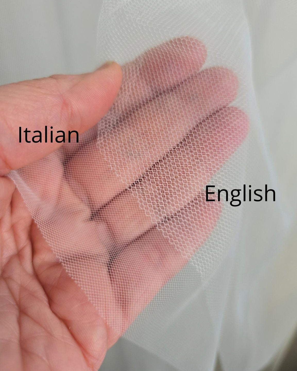 English Tulle: Features a larger, hexagonal honeycomb weave. It is an ultra-soft, fluid netting with a visibly textured surface.

Italian Tulle: Features a micro-fine, barely visible weave. It offers high transparency, a smooth surface, and a more structured, airy drape.