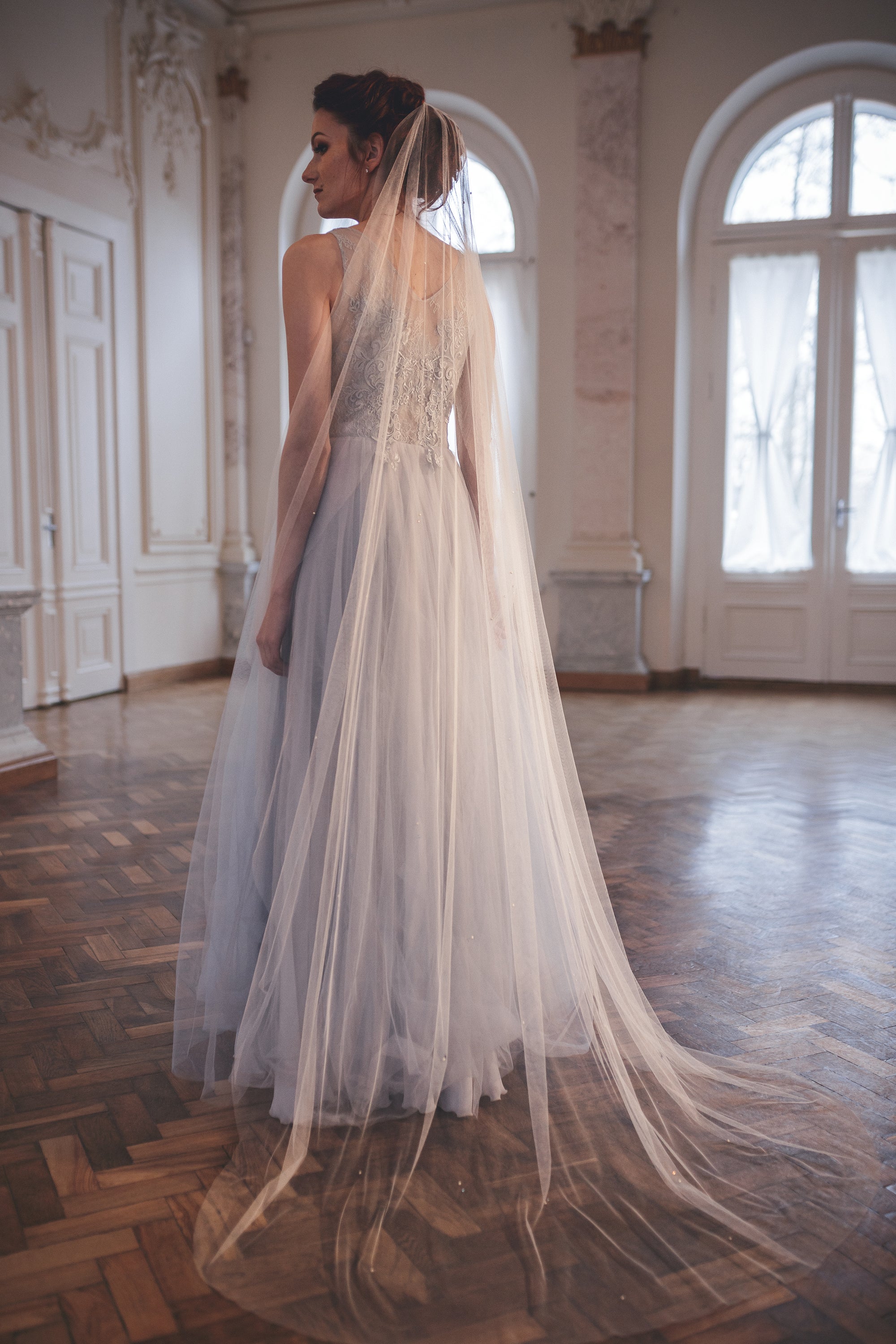 Simple English tulle wedding veil on dress, one layer cathedral veil no gather, ivory bridal veil