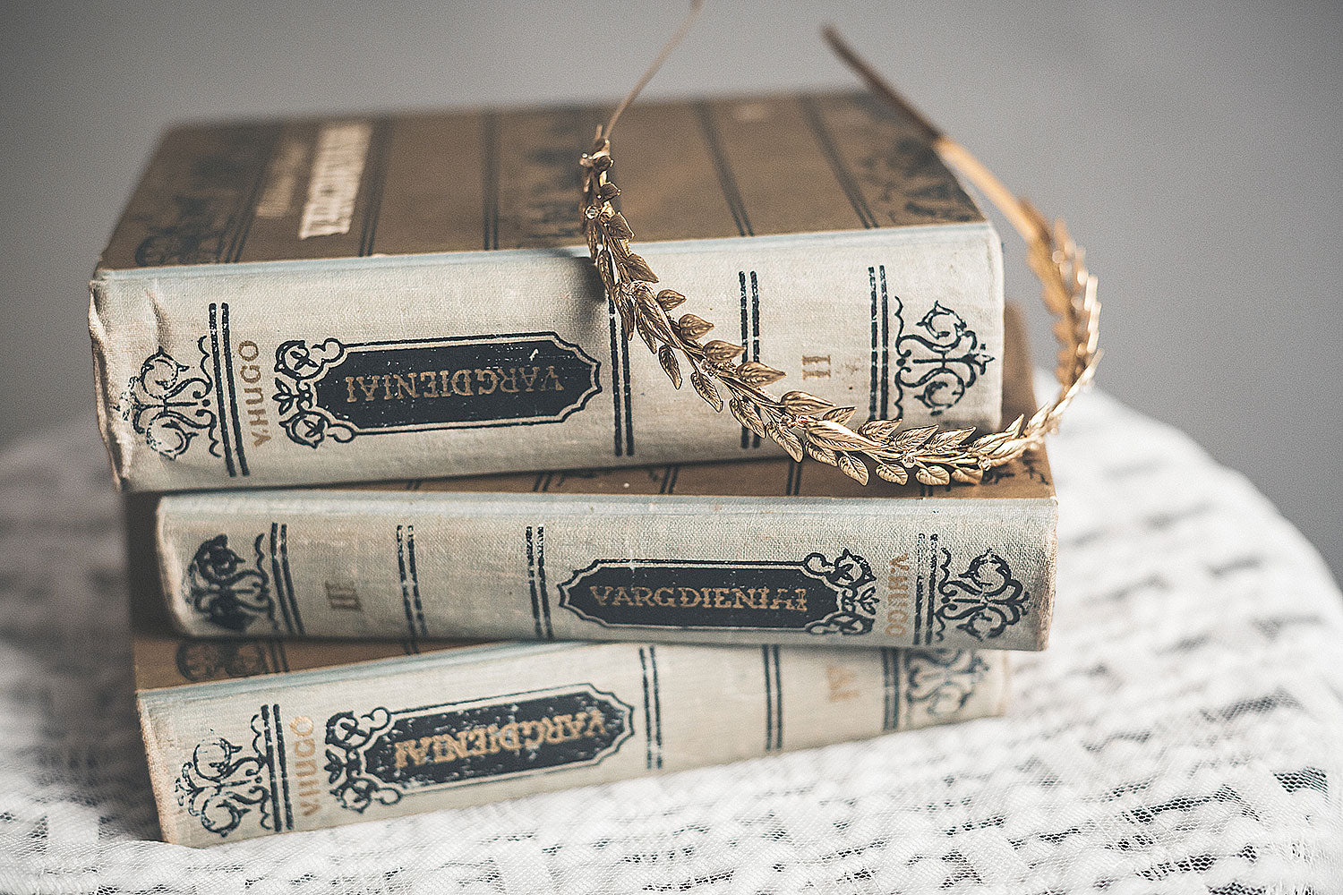 Brass laurel leaves with subtle crystal accents on Alexandra headband