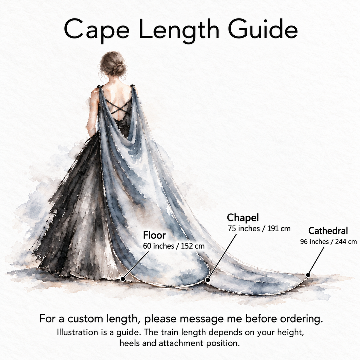 SABINE bridal cape length guide showing Floor 60", Chapel 75" and Cathedral 96" lengths