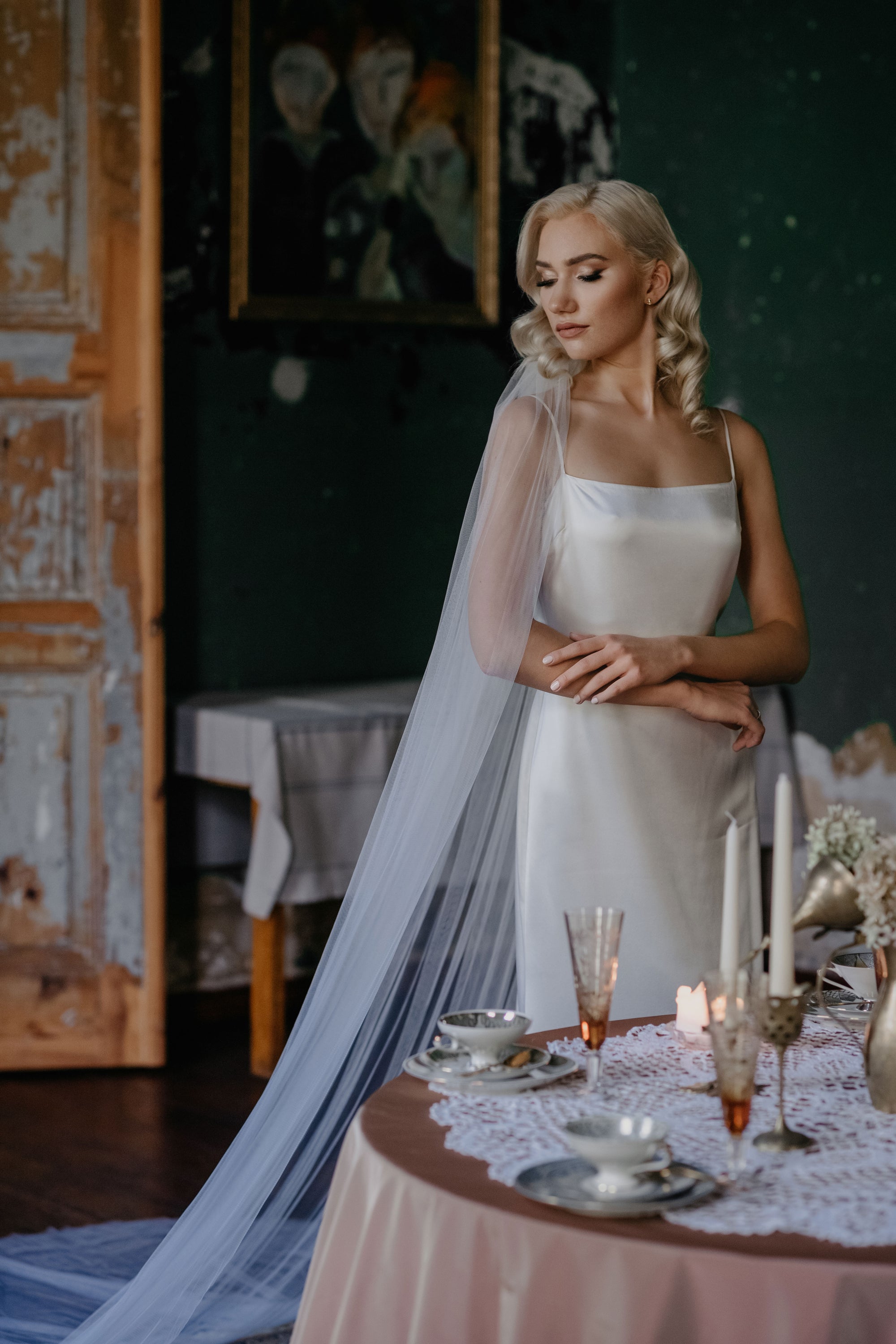 Iris blue ombre wedding veil, custom dip-dyed dusty blue gradient on soft white English tulle, 300cm wide chapel length veil.
