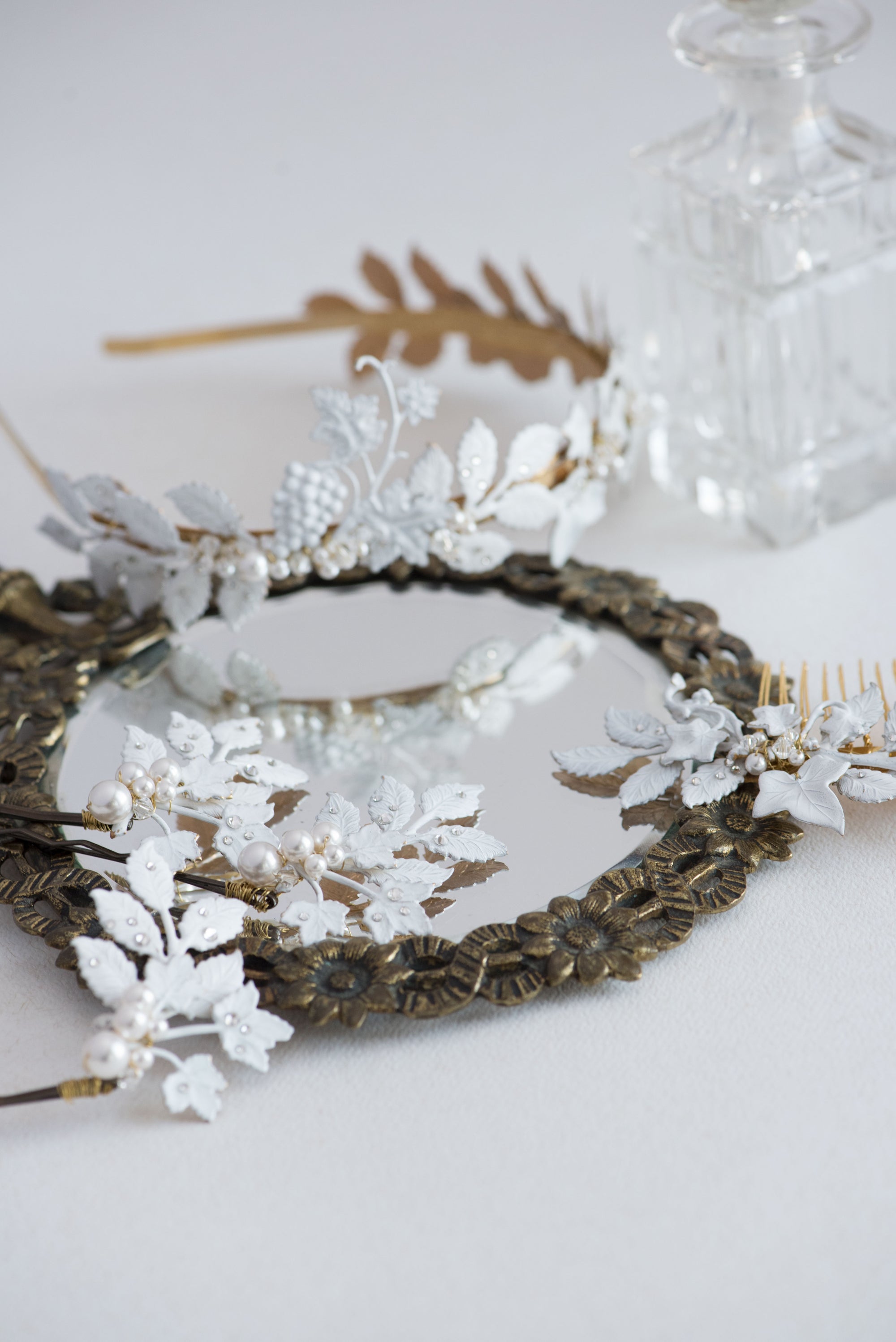 Matching frosted leaf bridal set – headband, comb and pins shown together