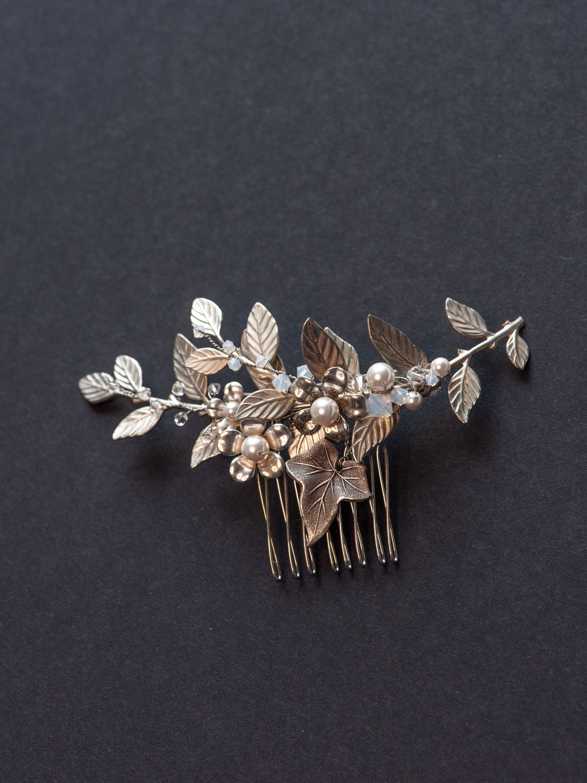 TILLE silver leaf bridal hair comb with pearls and crystals — delicate botanical design on dark background