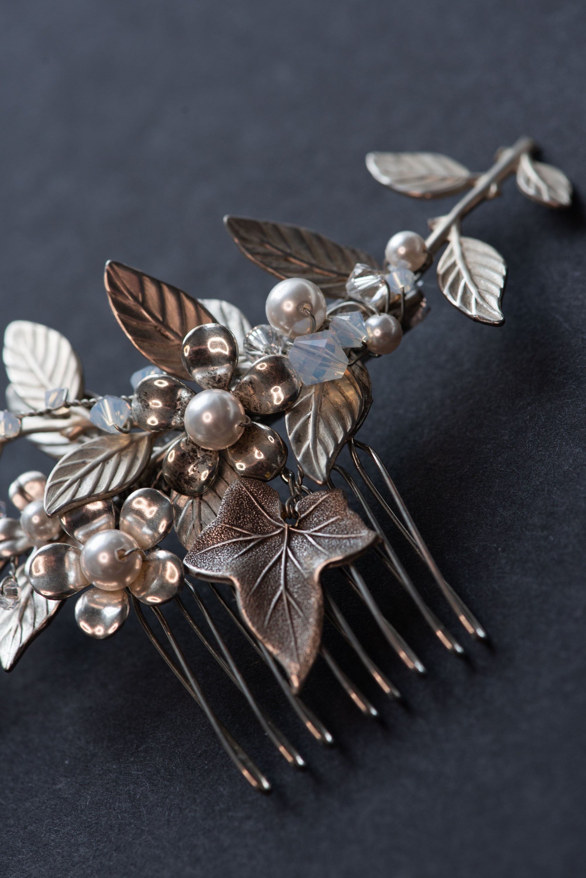 TILLE silver leaf bridal hair comb with pearls and crystals — delicate botanical design on dark background
