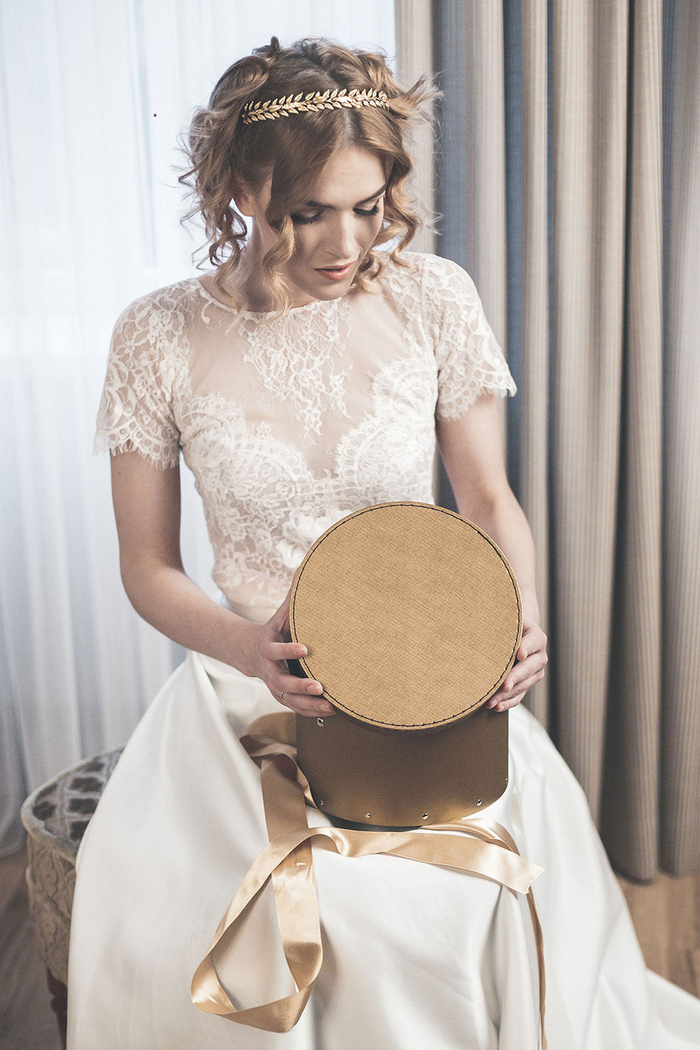 Alexandra slim gold laurel headband with brass leaves and subtle crystal accents