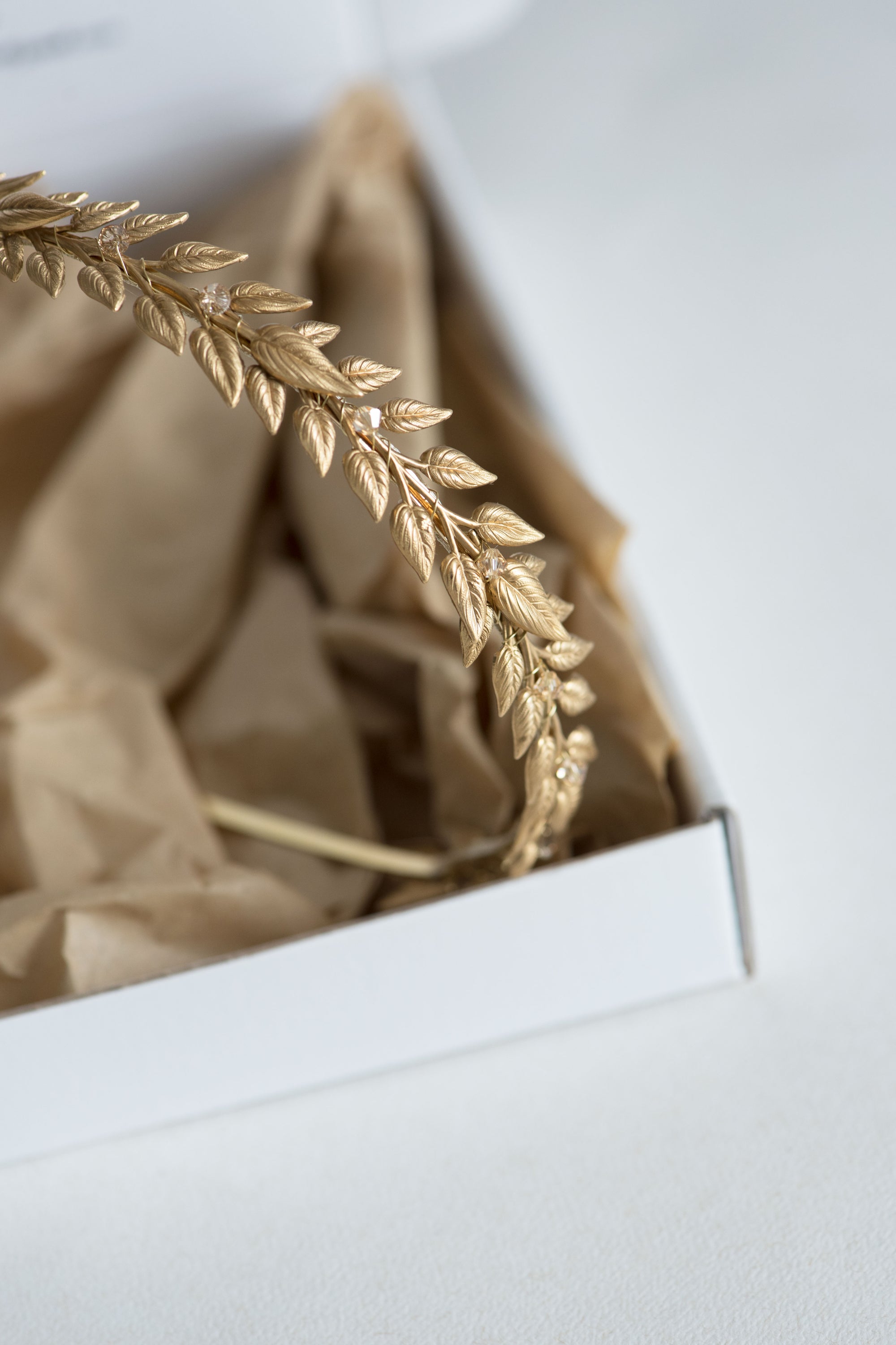 Laurel wedding headband carefully packaged for safe shipping, handmade bridal hair accessory